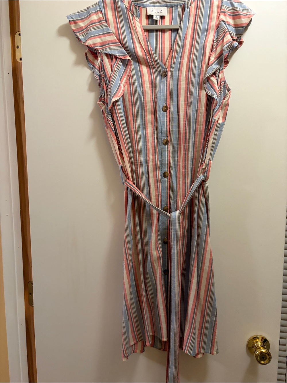 ELLE Coral, Blue & Cream Striped Button-Front Midi with Ruffle Sleeves